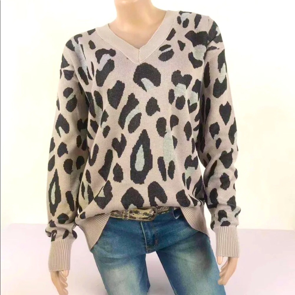 Sale! Leopard V Neck Sweater in Taupe - Picture 5 of 7